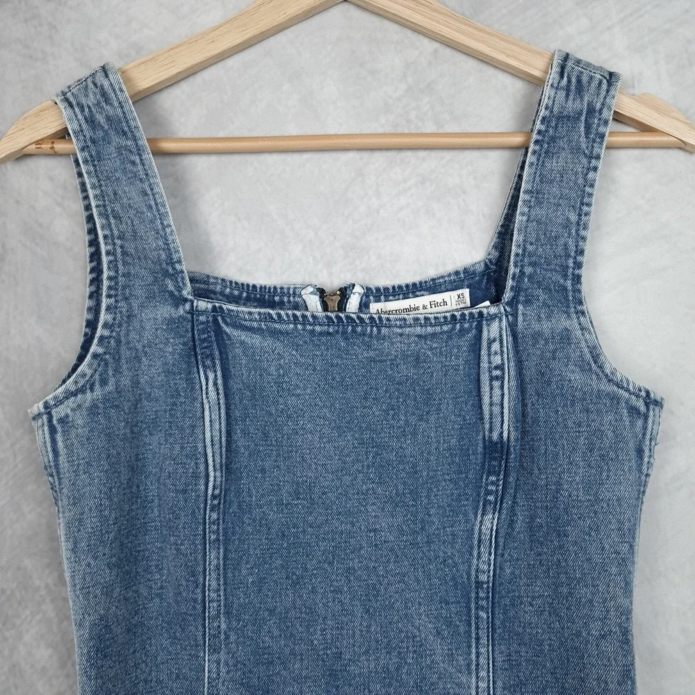 Abercrombie & Fitch Dress Womens XS Blue Denim Colomn Bodycon Midi Square Neck - Picture 3 of 16